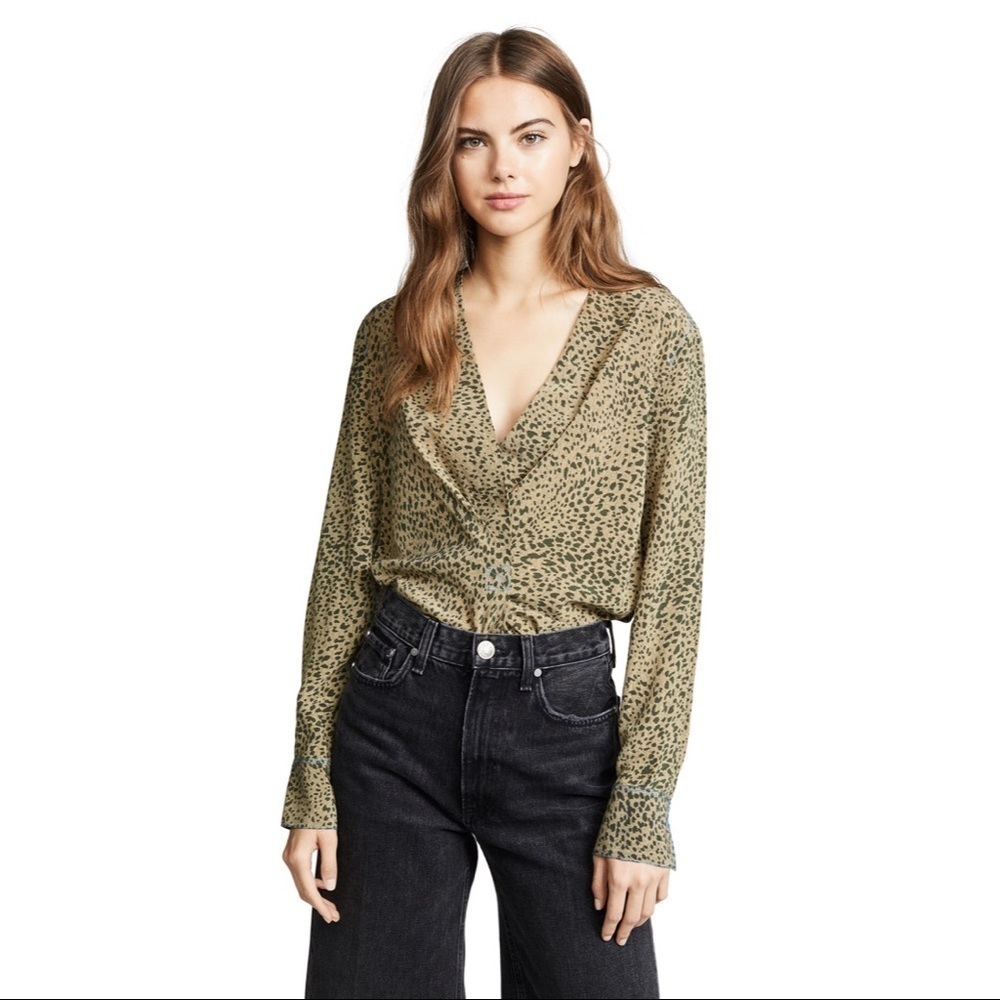 Rag & Bone Womens Tan Surplice Neck Shields Leopard Print Silk Top EUC Size XS